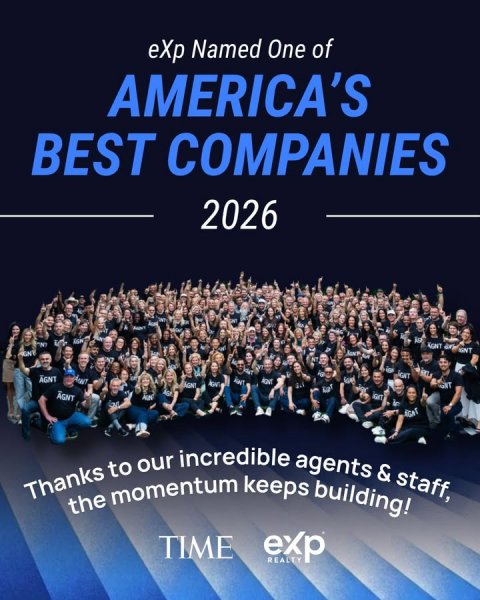 Advertisement, Poster, People. Text: eXp Named One of AMERICA'S BEST COMPANIES 2026 ÄGNT Thanks the to momentum our incredible keeps agents building! &amp; staff, TIME exp REALEY