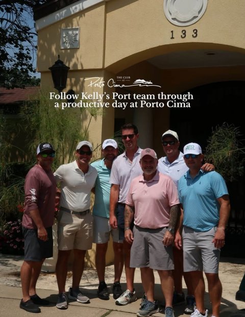 Shorts, T-Shirt, Baseball Cap. Text: THE Porto Cima CLUB Follow Kelly's Port team through a productive day at Porto Cima