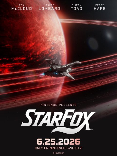 Advertisement, Poster, Airplane. Text: FOX FALCO SLIPPY PEPPY LOMBARDI TOAD HARE NINTENDO PRESENTS STARFOX TM 6.25.2026 ONLY ON NINTENDO SWITCH 2