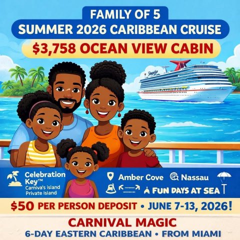 Advertisement, Poster, Boat. Text: FAMILY OF 5 SUMMER 2026 CARIBBEAN CRUISE $3,758 OCEAN VIEW CABIN Celebration Amber Cove Nassau Carniva's island FUN DAYS AT SEA T $50 PER PERSON DEPOSIT JUNE 7-13, 2026! CARNIVAL MAGIC 6-DAY EASTERN CARIBBEAN FROM MIAMI