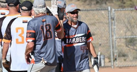 People, Person, Glove. Text: 3 R BARBERS 44