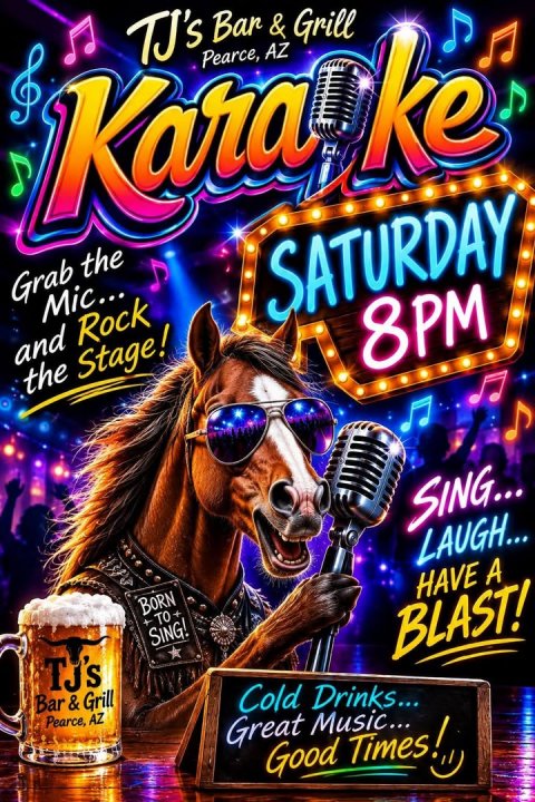 Cup, Lighting, Advertisement. Text: TJ's Bar AZ &amp; Grill Kara Pearce, ke Grab the Mic... and Rock SATURDAY the Stage! 8PM SING... BORN LAUGH... TJ's SING! HAVE A Pearce, AZ BLAST! Cold Drinks... Great Music...