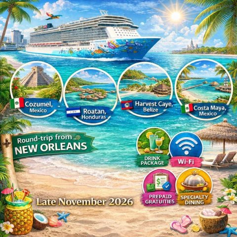Summer, Advertisement, Poster. Text: Cozumel, Harvest Caye, Costa Maya, Belize Mexico Roatan, Mexico Honduras NEW ORLEANS DRINK Wi-Fi PACKAGE $ PREPAID SPECIALTY Late November 2026 GRATUITIES DINING
