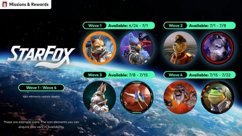 Outer Space, Dog, Disk. Text: Missions &amp; Rewards Wave 1 Weve 2 STARFOX Weve 3 Available: 7/8-7/15