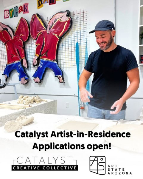 Baseball Cap, Shoe, Sneaker. Text: Break Catalyst Artist-in-Residence Applications open! ART CREATIVE COLLECTIVE STATE ARIZONA