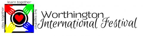 Logo, Text, Sticker. Text: learn together live together Worthington play together International Festival