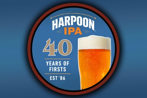 Beer, Lager, Glass. Text: HARPOON IPA 40 YEARS OF FIRSTS EST'86