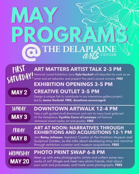 Advertisement, Poster, Blackboard. Text: MAY PROGRAMS @ THE DELAPLAINE arts CENTER FIRST ART MATTERS ARTIST TALK 2-3 PM National Juried Exhibition Juror Kyle Hackett will describe his work as an SATURDAY! artist and art educator and present this year's award winners. FREE EXHIBITION OPENINGS 3-5 PM CREATIVE OUTLET 3-5 PM MAY 2 Design a unique fish to contribute to our interactive gallery project, led by Jamie Gerhold. FREE, donations encouraged SUNDAY DOWNTOWN ARTWALK 12-4 PM Take a self-guided stroll downtown and visit its many local galleries! MAY 3 At the Delaplaine, Cynthia Corro of Lunniaya will feature whimsical mixed media art and jewelry. FREE