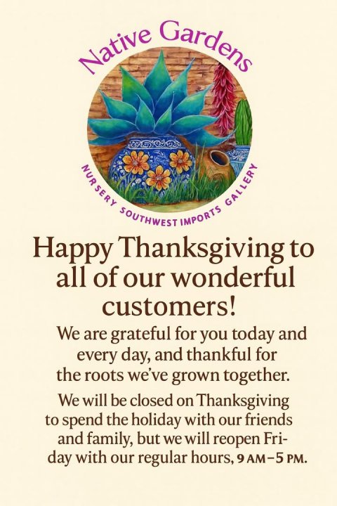 Advertisement, Poster, Herbal. Text: Native Gardens NUR SERY GALLERY SOUTHWEST IMPORTS Happy Thanksgiving to all of our wonderful customers! We are grateful for you today and every day, and thankful for the roots we've grown together. We will be closed on Thanksgiving to spend the holiday with our friends and family, but we will reopen Fri- day with our regular hours, 9 AM-5 PM.