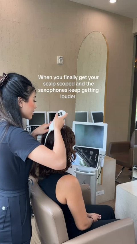 Adult, Person, Woman. Text: When you finally get your scalp scoped and the saxophones keep getting louder