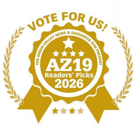 Logo, Badge, Symbol. Text: VOTE NEWS FOR &amp; SAHUARITA US! SUN VALLEY PRESENT GREEN THE AZ19 Readers' Picks 2026