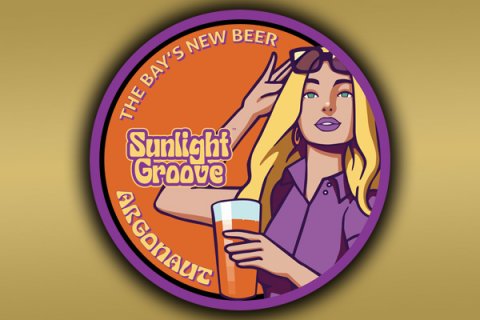 Photography, Cleaning, Disk. Text: THE BAY'S NEW BEER Sunlight Groove
