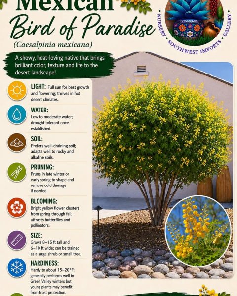Vegetation, Advertisement, Poster. Text: Mexican NURSERY Bird of Paradise GALLERY SOUTHWEST (Caesalpinia mexicana) IMPORTS A showy, heat-loving native that brings brilliant color, texture and life to the desert landscape! LIGHT: Full sun for best growth and flowering thrives in hot WATER: Low to moderate water; drought tolerant once SOIL: adapts well to rocky and PRUNING: Prune in late winter or early spring to shape and remove cold damage BLOOMING: Bright yellow flower clusters from spring through fall; attracts butterflies and SIZE: Grows 8-15 ft tall and 6-10 ft wide; can be trained as