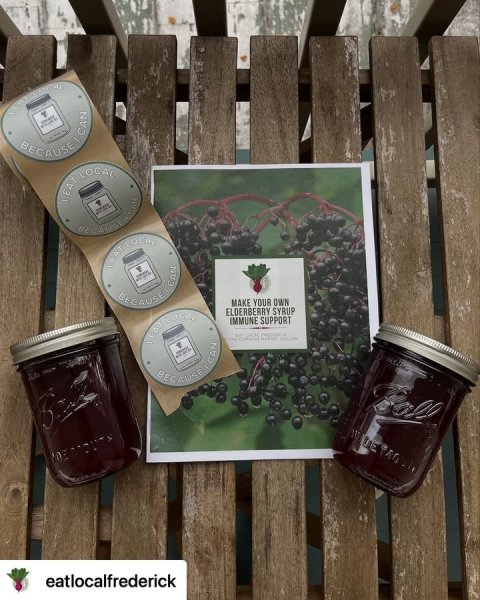 Food, Jam, Mason Jar. Text: BECAUSE CAN EAT LOCAL BECAUSE CAN MAKE YOUR OWN ELDERBERRY SYRUP IMMUNE SUPPORT eatlocalfrederick