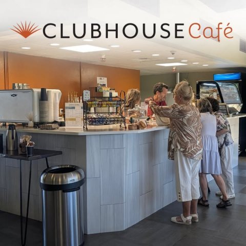 Cafeteria, Indoors, Restaurant. Text: CLUBHOUSE Café