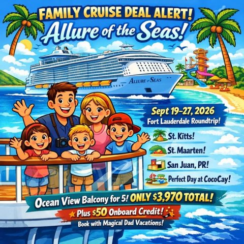 Boat, Advertisement, Comics. Text: FAMILY CRUISE DEAL ALERT! Allure of the Seas! Sept 19-27, 2026 Fort Lauderdale Roundtrip! St. Kitts! St. Maarten! San Juan, PR! Perfect Day at CocoCay! Ocean View Balcony for 5! ONLY $3,970 TOTAL! Plus $50 Onboard Credit! Book with Magical Dad Vacations!