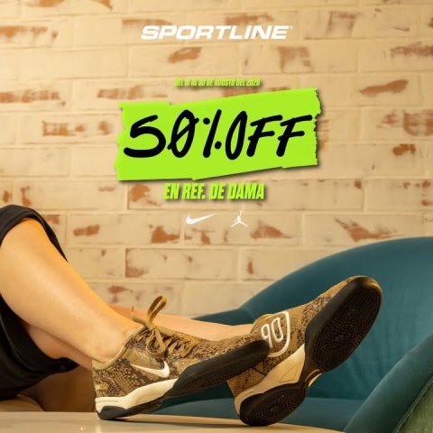 Shoe, Sneaker, Person. Text: SPORTLINE 50%OFF EN REF. DE DAMA 90