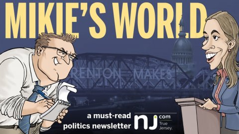 Book, Comics, Advertisement. Text: MIKIE'S WORLD RENTON MAKES a must-read nJ com True politics newsletter Jersey.