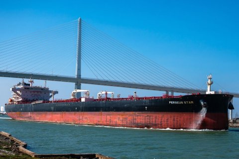 Freighter, Barge, Boat. Text: PERSEUS STAR