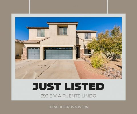 Garage, Indoors, Gate. Text: JUST LISTED 393 E VIA PUENTE LINDO THESETTLEDNOMADS.COM