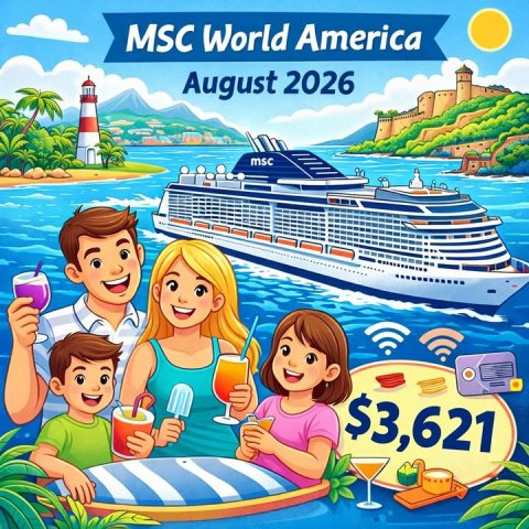 Advertisement, Poster, Person. Text: MSC World America August 2026 msc $3,621