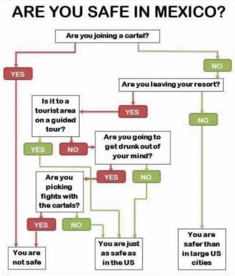 Diagram, UML Diagram, Flow Chart. Text: ARE YOU SAFE IN MEXICO? Are you joining a cartel? NO YES Are you leaving your resort? Is it to a touristarea YES on a guided NO tour? Are you going to get drunk outof YES NO your mind? Are you YES NO picking fights with the cartels? YES NO You are You are just safer than You are as safe as in large US not safe in the US cities