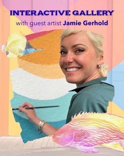 Advertisement, Poster, Portrait. Text: INTERACTIVE GALLERY with guest artist Jamie Gerhold