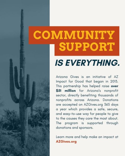 Advertisement, Poster, Cactus. Text: COMMUNITY SUPPORT IS EVERYTHING. Arizona Gives is an initiative of AZ Impact for Good that began in 2013. This partnership has helped raise over $51 million for Arizona's nonprofit sector, directly benefiting thousands of nonprofits across Arizona. Donations are accepted on AZGives.org 365 days a year which provides a safe, secure, and easy-to-use way for people to give to the causes they care the most about. The program is supported through donations and sponsors. Learn more and help make an impact at AZGives.org