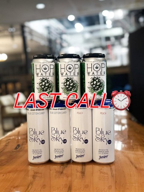 Can, Tin, Beverage. Text: HOP HOP HOP WATER WATER WATER LAST CALL PEACH PEACH Blue Blue Blue Blue Sky Sky Sky Sky Juniper Juniper Juniper