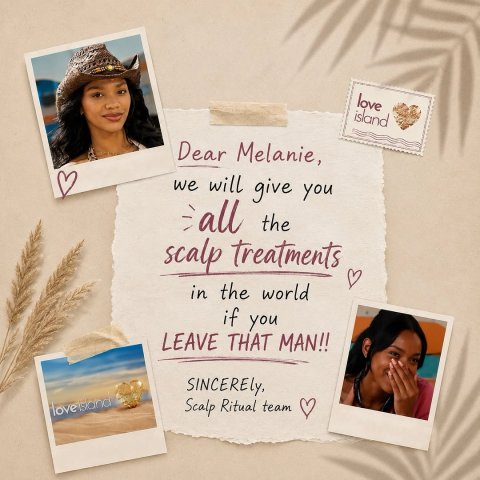 Collage, Person, Woman. Text: love island Dear Melanie, we will give you all the scalp treatments in the world if you LEAVE THAT MAN!! Scalp Ritual team