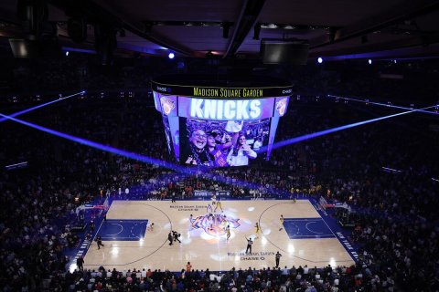 Basketball Game, Lighting, Person. Text: MADISON SQUARE GARDEN KNICKS