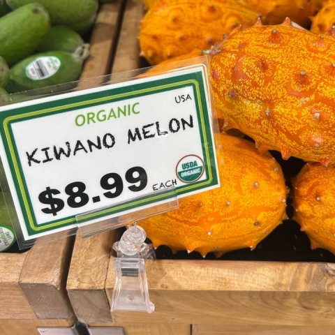 Fruit, Produce, Perfume. Text: ORGANIC USA KIWANO MELON $8.99 USDA ORGANIC EACH
