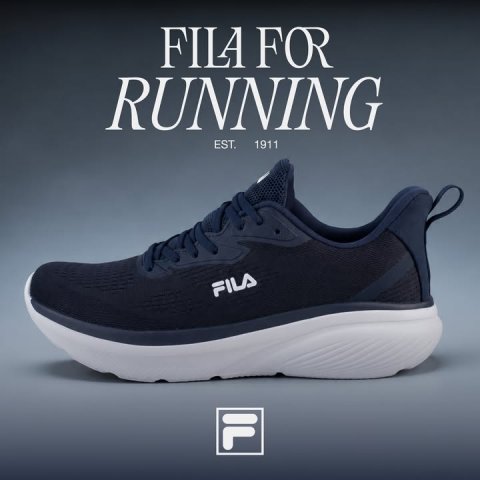 Shoe, Sneaker, Suede. Text: FILA FOR RUNNING EST. 1911 FILA IL