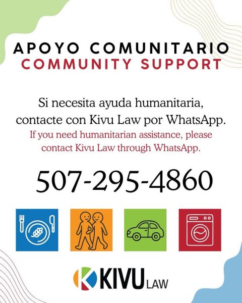 Advertisement, Poster, Person. Text: APOYO COMUNITARIO COMMUNITY SUPPORT Si necesita ayuda humanitaria, contacte con Kivu Law por WhatsApp. If you need humanitarian assistance, please contact Kivu Law through WhatsApp. 507-295-4860 KIVU LAW