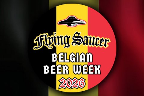Logo, Sticker, Disk. Text: Flying Saucer BELGIAN BEER WEEK 2026