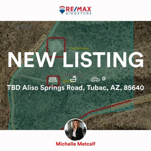 Person, Outdoors, Nature. Text: RE/MAX SIGNATURE AL POINTE NEW LISTING TBD Aliso Springs Road, Tubac, AZ, 85640 Michelle Metcalf