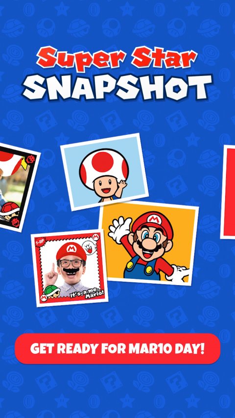 Baby, Person, Face. Text: Super Star SNAPSHOT 1-UP M Mario! GET READY FOR MAR10 DAY!