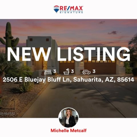 Villa, Street, Person. Text: RE/MAX SIGNATURE NEW LISTING 3 3 3 2506 E Bluejay Bluff Ln, Sahuarita, AZ, 85614 25 MLSSAZ Michelle Metcalf