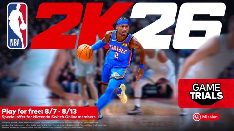 Person, Playing Basketball, Basketball (Ball). Text: NBA 26 2 GAME TRIALS Play for free: 8/7-8/13 Special offer for Nintendo Switch Online members Mission
