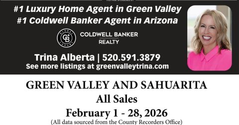 Text, Person, Woman. Text: #1 Luxury Home Agent in Green Valley #1 Coldwell Banker Agent in Arizona COLDWELL BANKER CB REALTY Trina Alberta I 520.591.3879 See more listings at greenvalleytrina.com GREEN VALLEY AND SAHUARITA All Sales February 1 - 28, 2026 (All data sourced from the County Recorders Office)