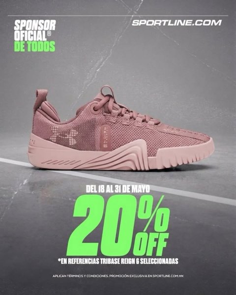 Shoe, Sneaker, Advertisement. Text: SPONSOR SPORTLINE.COM OFICIAL® DE TODOS REFERENCIAS DEL 18 31 MAYO OFF AL DE *EN TRIBASE REIGN 6 SELECCIONADAS