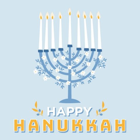 People, Hanukkah Menorah, Candle. Text: HAPPY HANUKKAH
