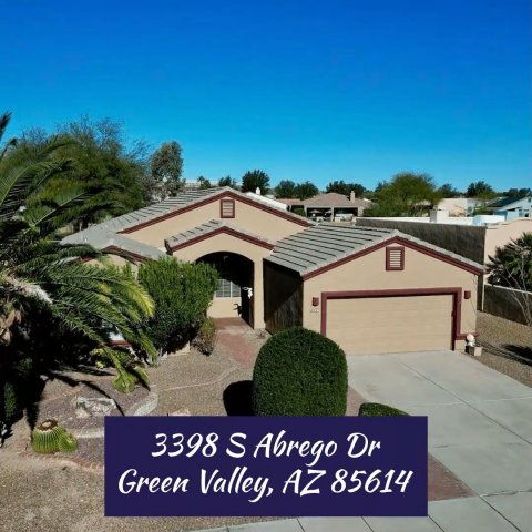 Villa, Indoors, Garage. Text: 3398 S Abrego Dr Green Valley, AZ 85614