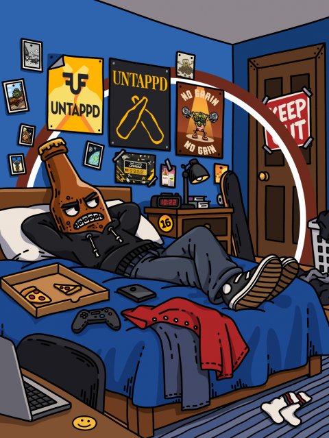 Laptop, Furniture, Bedroom. Text: UNTAPPD NO GRAIN EEP UNTAPPD 10:22 16