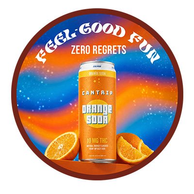 Juice, Can, Tin. Text: CANTRIP SODA 10 MG THC