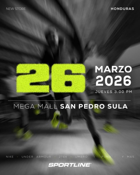 Advertisement, Poster, Person. Text: NEW STORE HONDURAS 26 MARZO 2026 JUEVES 3:00 PM MEGA MALL SAN PEDRO SULA NIKE - UNDER ARMOUR ZTEK UMBRO PUMA Y MAS SPORTLINE