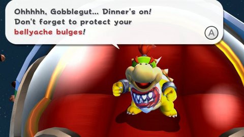 Game, Super Mario, Person. Text: Ohhhhh, Gobblegut... Dinner's on! Don't forget to protect your bellyache bulges! A