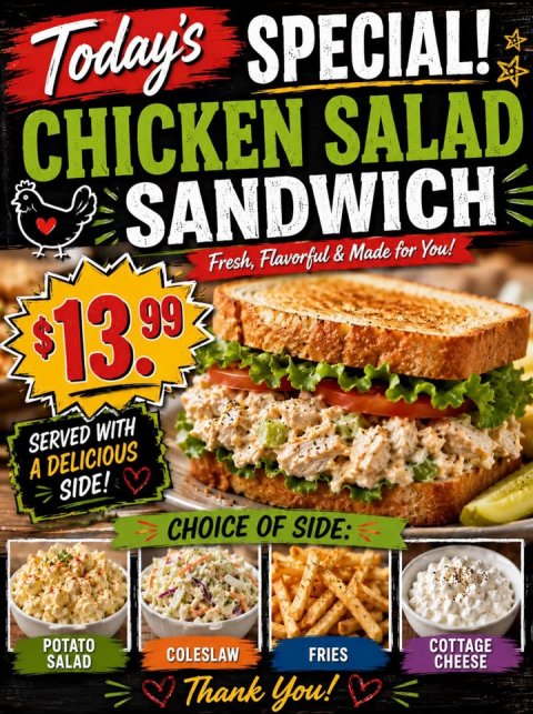 Lunch, Advertisement, Sandwich. Text: Today's SPECIAL! CHICKEN SALAD SANDWICH Fresh, Flavorful &amp; Made for You! $ 13. 99 SERVED WITH A DELICIOUS SIDE! CHOICE OF SIDE: POTATO COLESLAW SALAD COTTAGE FRIES CHEESE Thank You!