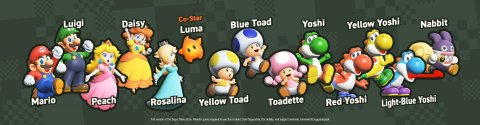 Game, Super Mario, Person. Text: Luigi Co-Star Daisy Blue Toad Yoshi Yellow Yoshi Nabbit Luma Mario Peach Rosalina Yellow Toad Toadette Red Yoshi Light-Blue Yoshi