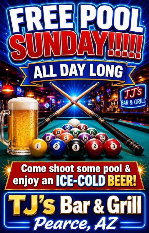 Table, Cup, Lamp. Text: FREE POOL ALL DAY LONG JJ's BAR &amp; GRILL 12 13 13 15 14 4 5 14 15 1 2 2 3 8 Come shoot some pool &amp; enjoy an ICE-COLD BEER! TJ's Bar &amp; Grill Pearce, AZ
